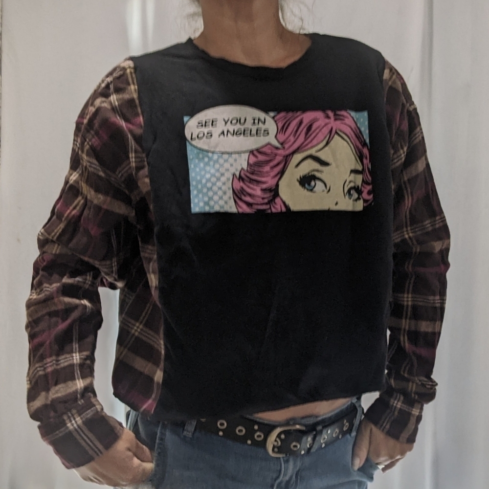 See You in Los Angeles OOAK Handmade Upcycled Reworked Oversized Flannel Mash Up